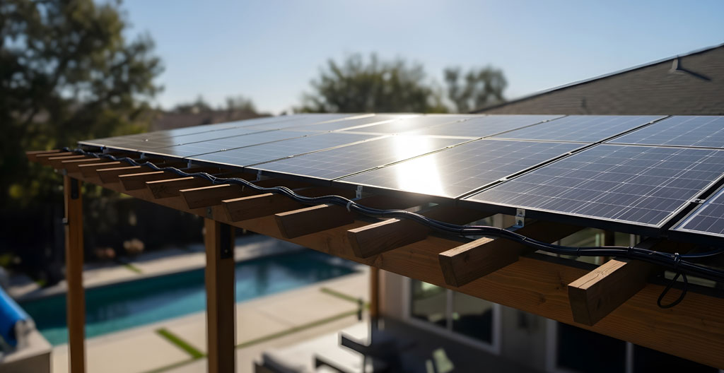 Técnico revisando producción solar en smartphone junto a pérgola fotovoltaica