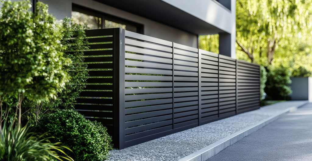 Valla de aluminio con lamas horizontales en jardín mediterráneo para privacidad