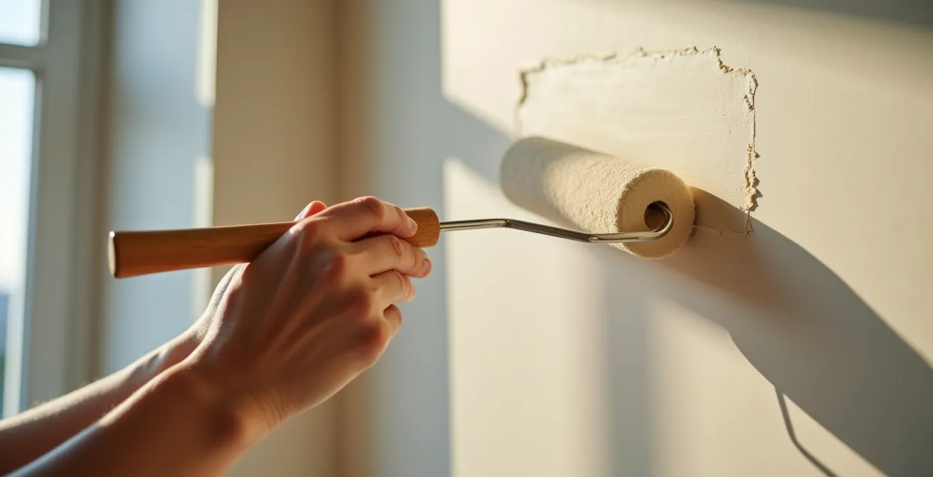 Aplicación profesional de pintura natural con rodillo en pared