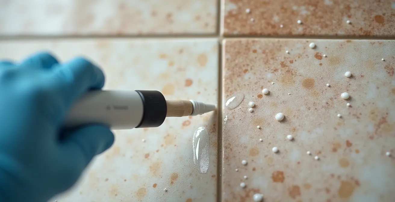 Aplicación de sellador sobre superficie de piedra natural en ducha mostrando el proceso de impregnación