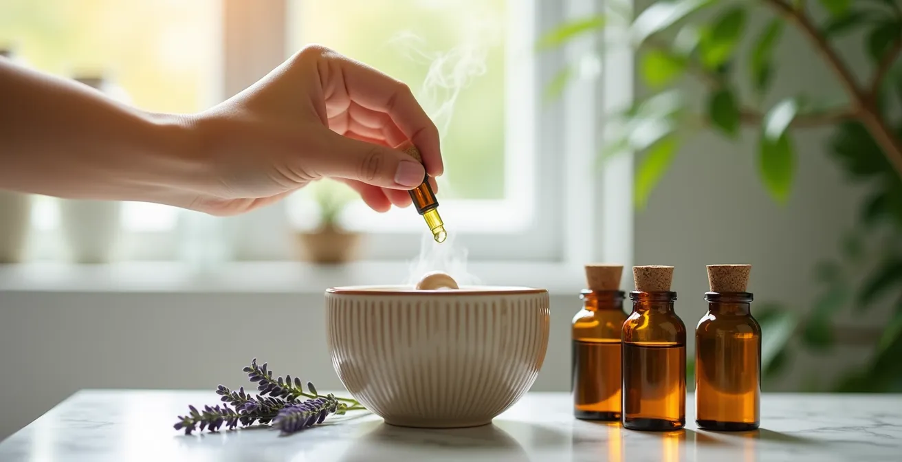 Manos añadiendo aceite esencial a un difusor de cerámica, rodeado de plantas aromáticas en un ambiente de baño spa.