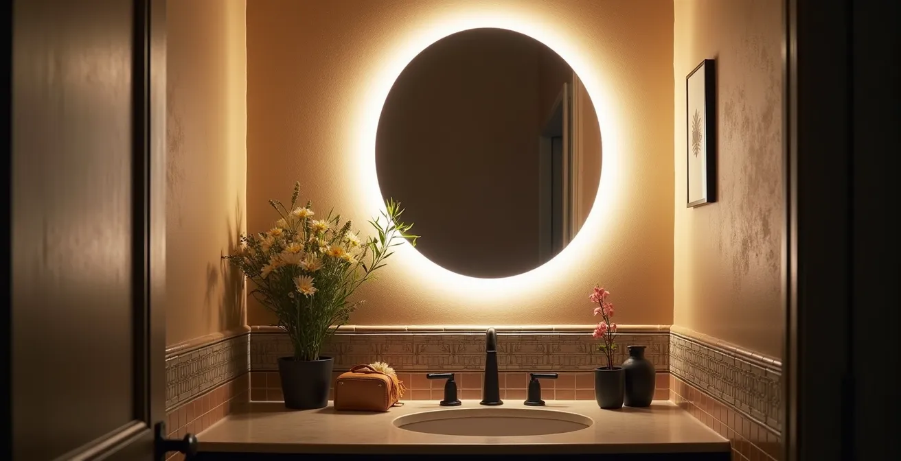 Aseo pequeño renovado con espejo redondo iluminado y grifería moderna creando ambiente elegante