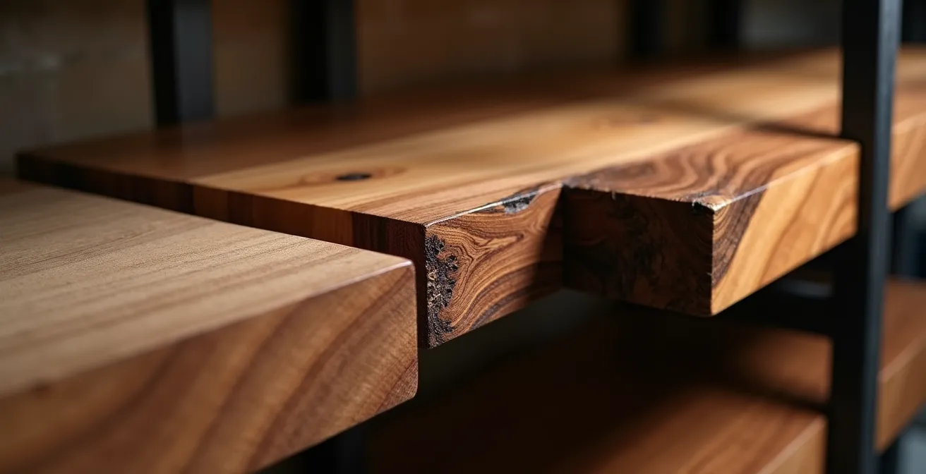 Detalle de baldas de madera con acabados artesanales sobre estructura metálica