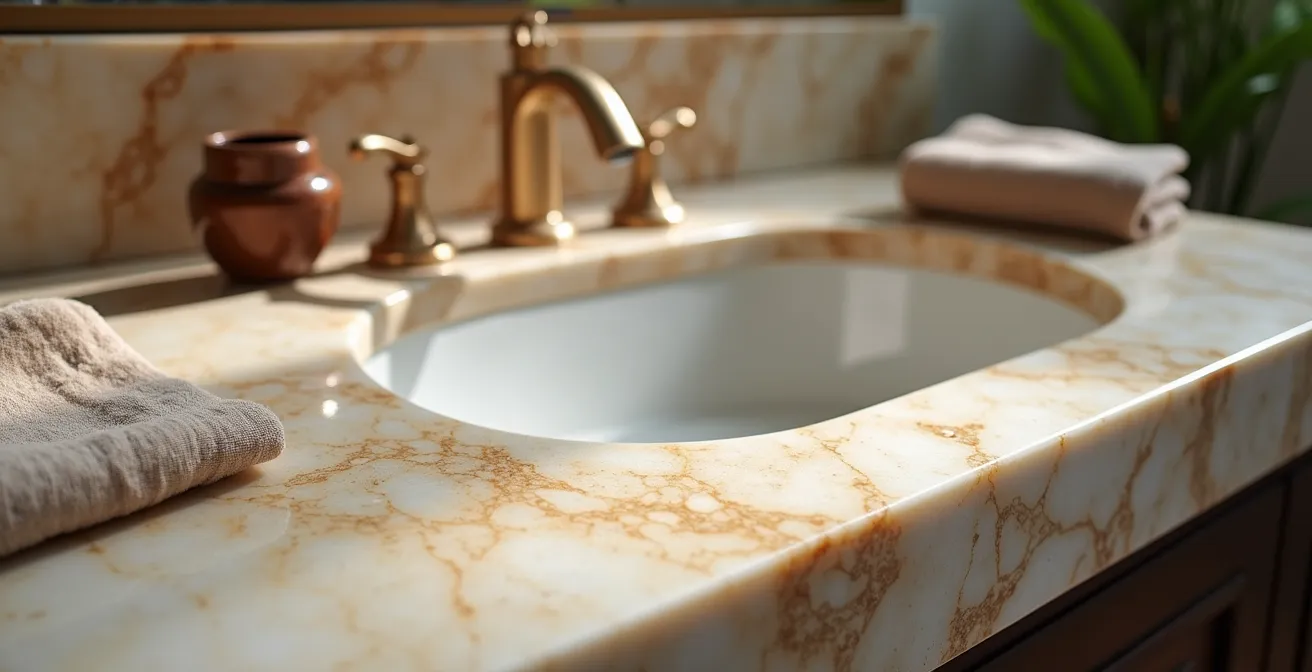 Baño de lujo con una encimera de mármol que muestra una pátina natural y vetas características con gotas de agua en la superficie