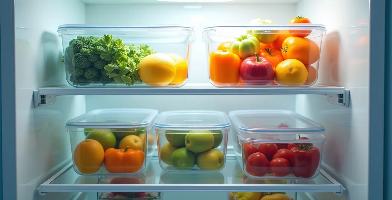 Interior de frigorífico con cajas transparentes organizadas por zonas de temperatura