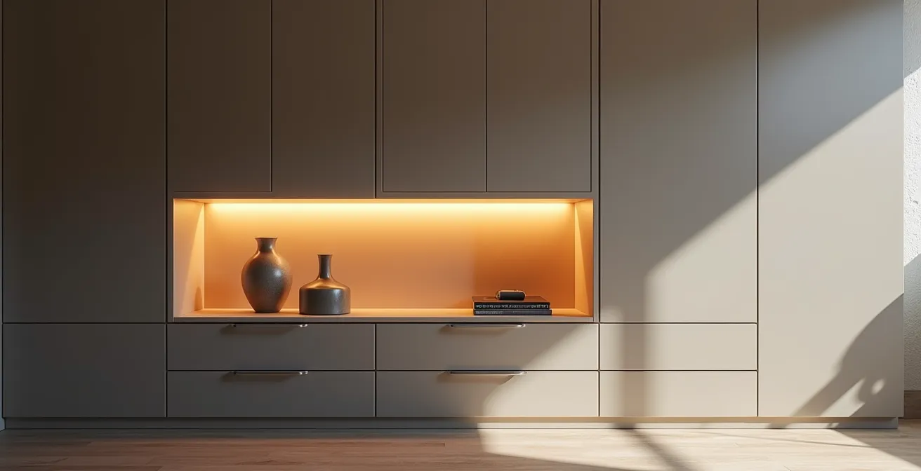 Vista en corte de armario con cajeado integrado alrededor de viga estructural con iluminación LED