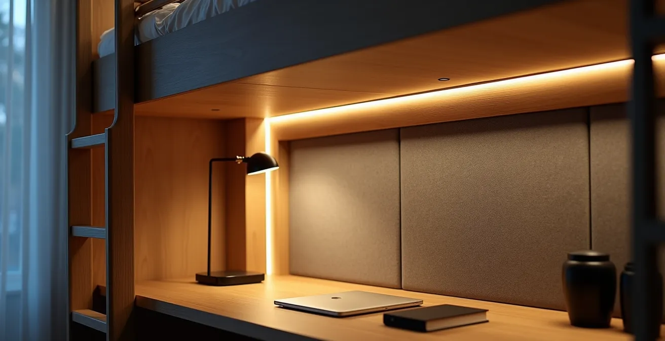 Vista lateral de una cama loft con escritorio debajo mostrando el sistema de iluminación de tres niveles