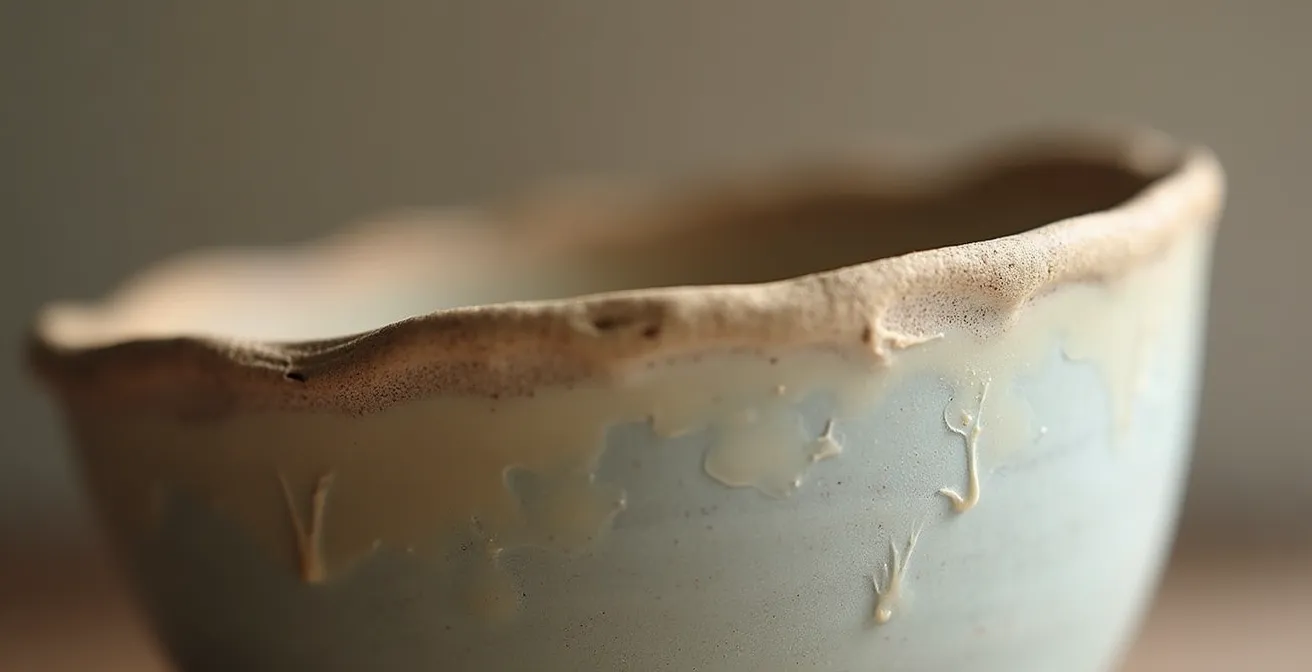Detalle macro de cerámica artesanal con textura y esmalte irregular