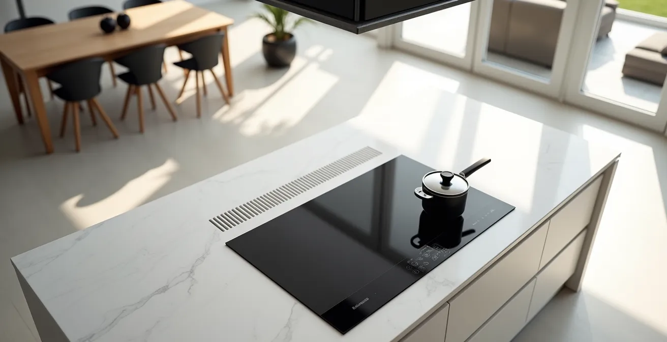 Vista aérea de isla de cocina con placa de inducción y sistema de extracción integrado