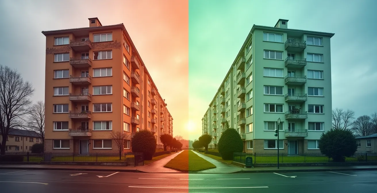 Comparación visual de la certificación energética de un edificio antes y después de la instalación de SATE, mostrando el salto de la letra G a la C.