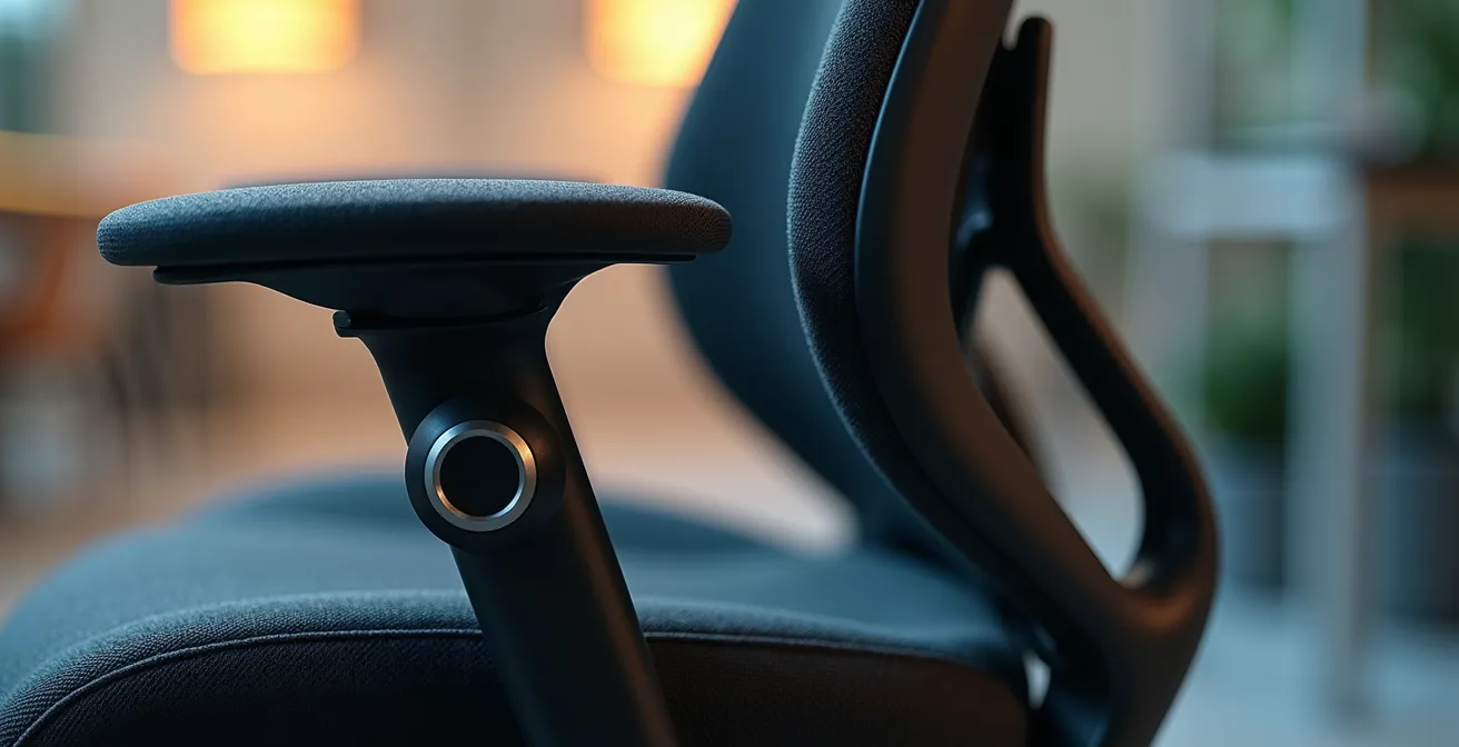 Vista macro detallada del mecanismo de ajuste lumbar de una silla ergonómica profesional