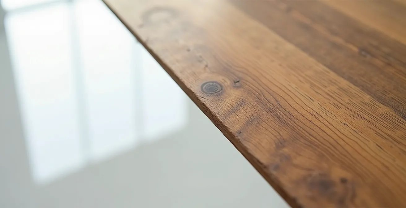 Comparación visual entre superficie de madera de roble natural con pátina y acabado lacado brillante