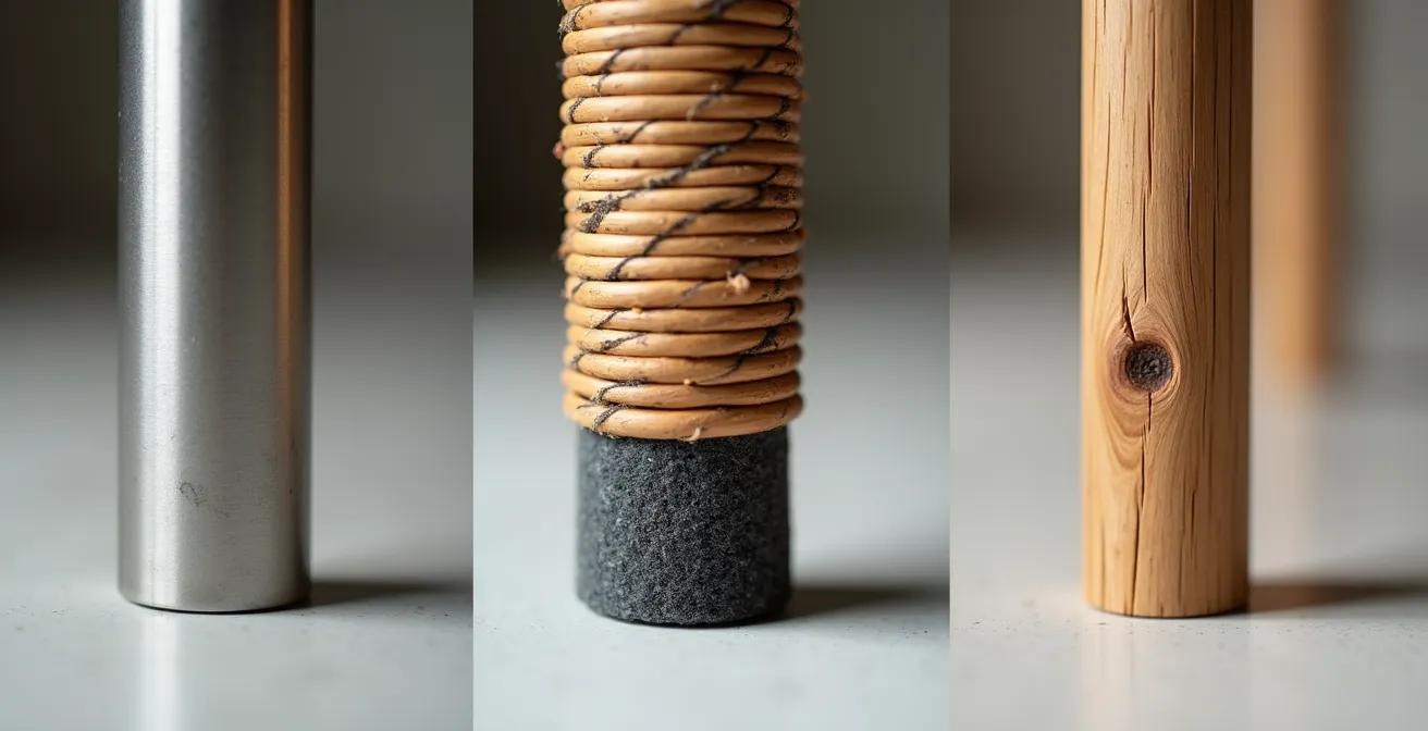 Detalle macro de tres superficies de mesa: metal satinado, ratán tejido y madera de roble con vetas visibles