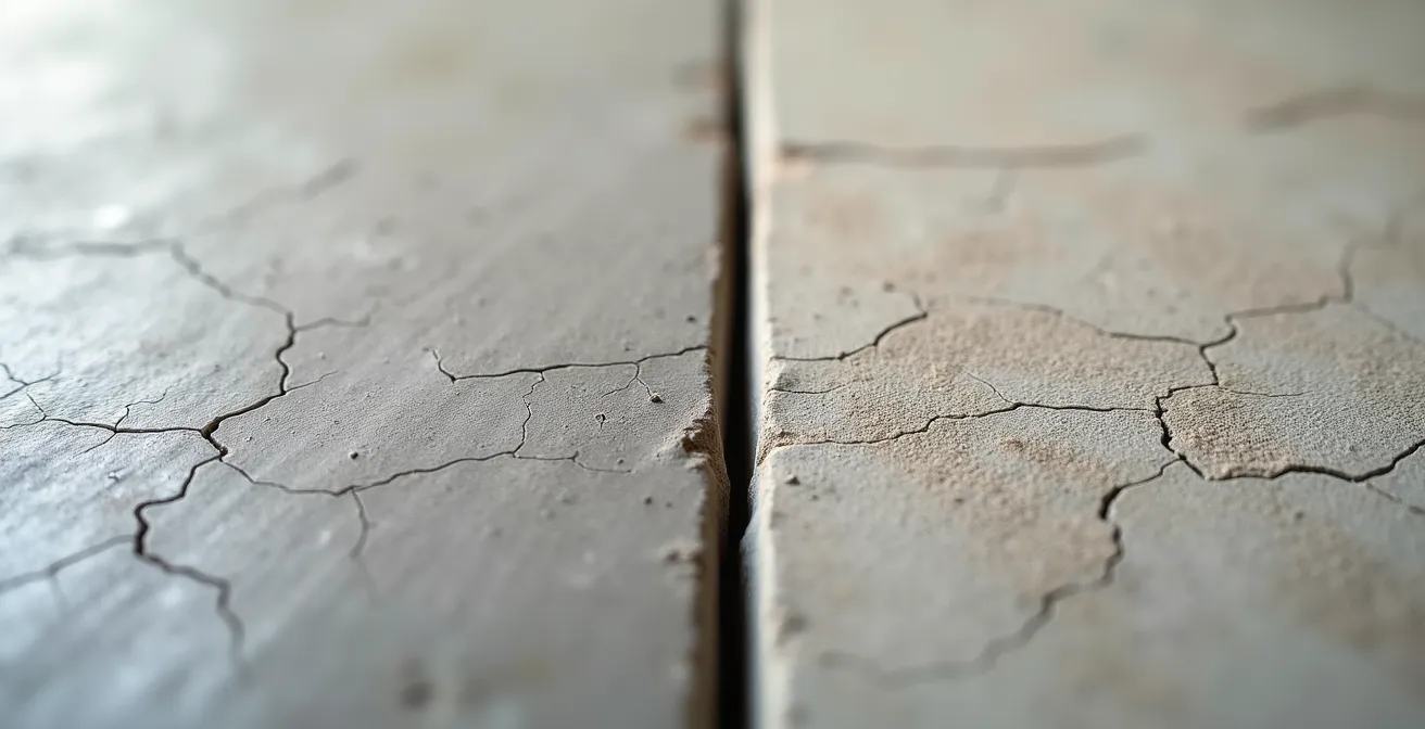 Comparación lado a lado de microcemento de calidad versus una aplicación económica con grietas y textura irregular