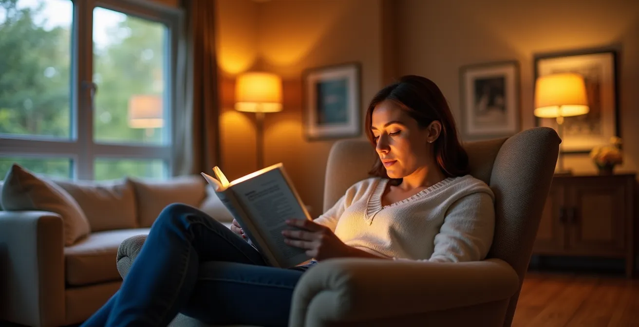 Un salón con iluminación por capas, mostrando a una persona leyendo bajo la luz cálida de una lámpara de pie mientras el fondo tiene una luz ambiental más neutra.
