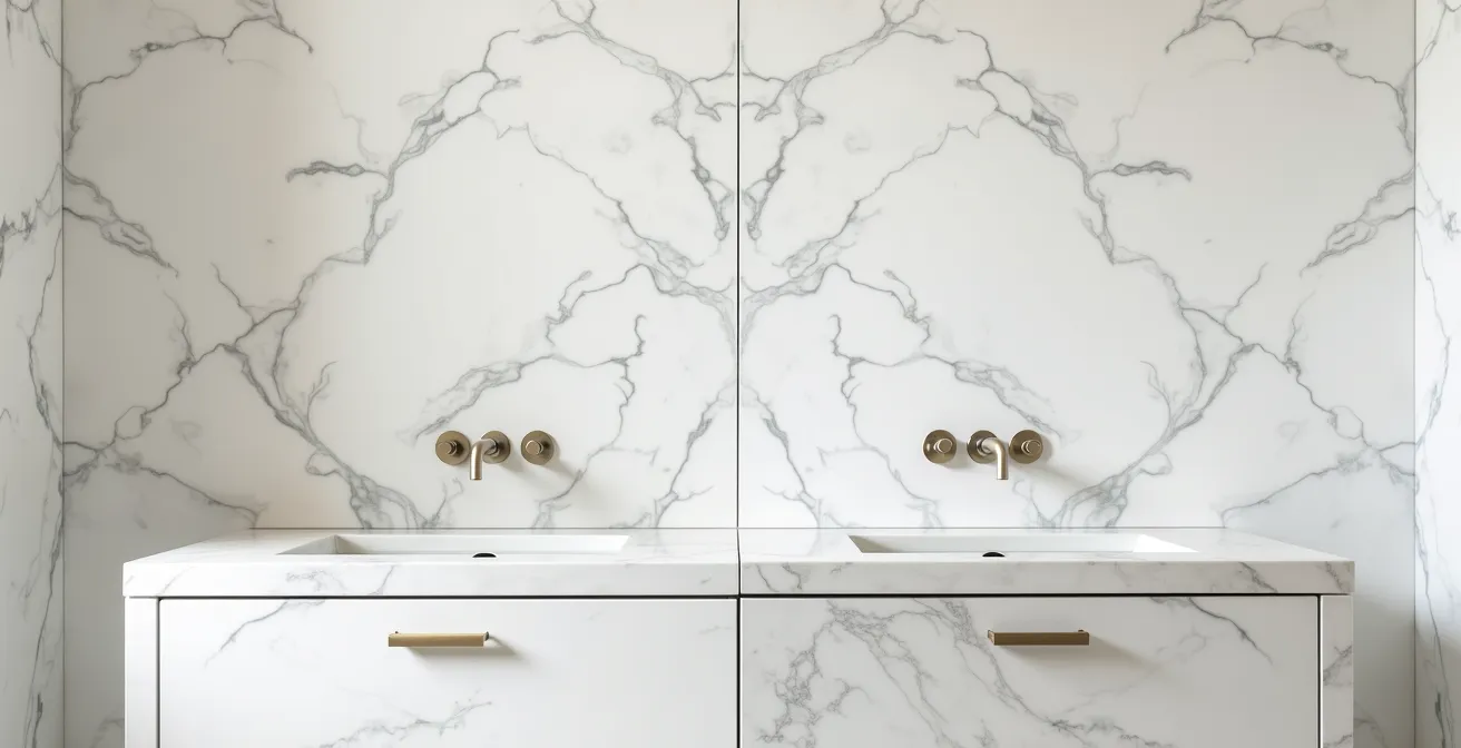 Comparación lado a lado de pared con tabla continua y pared con plaquetas de gran formato en baño
