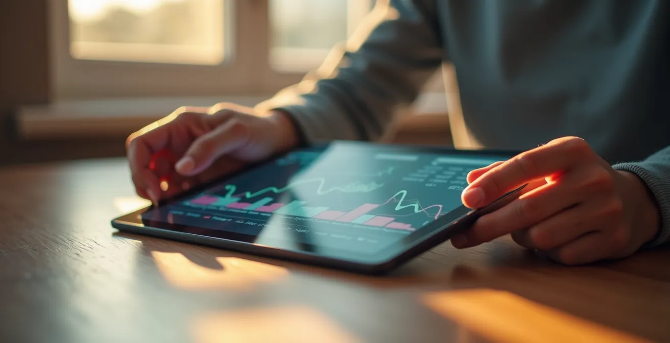 Mano consultando datos de consumo eléctrico en tablet con gráficos de potencia