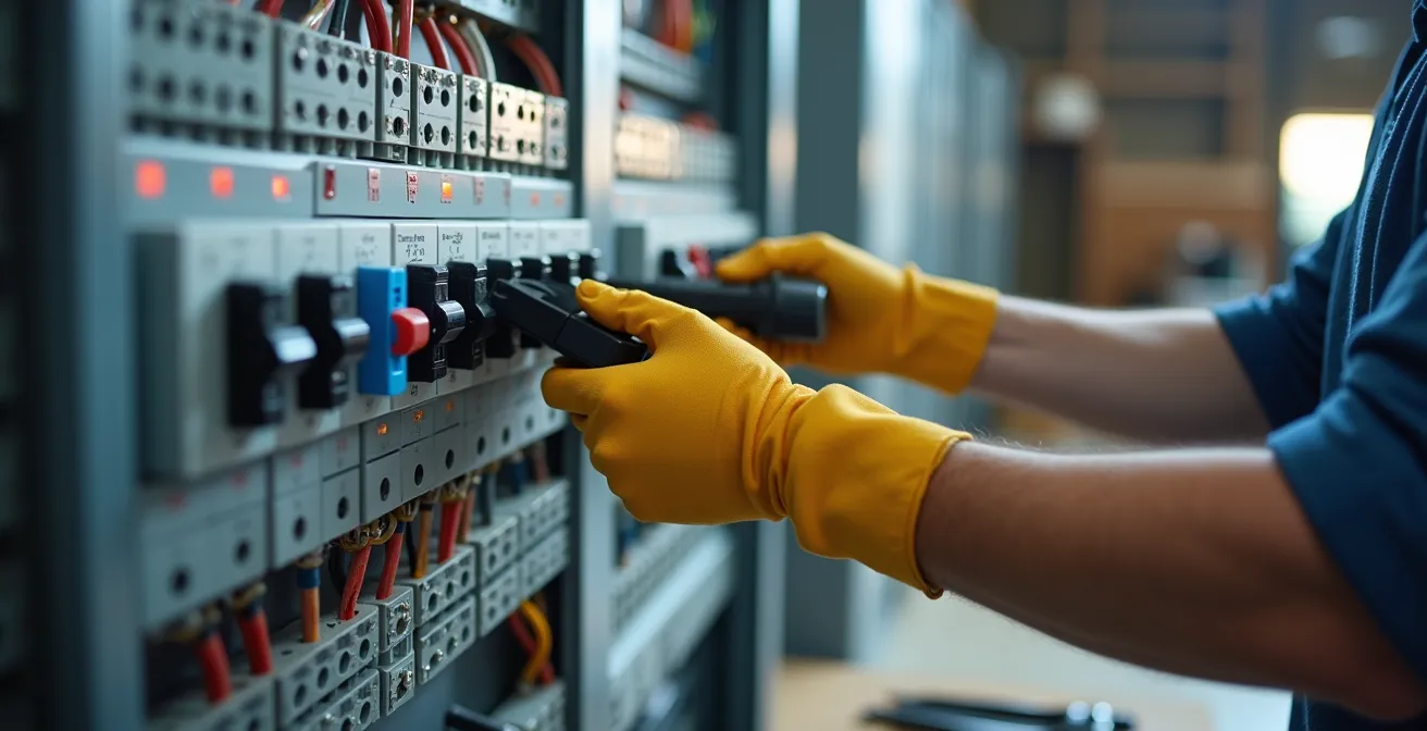 Vista de un cuadro eléctrico moderno con todos sus componentes de seguridad instalados