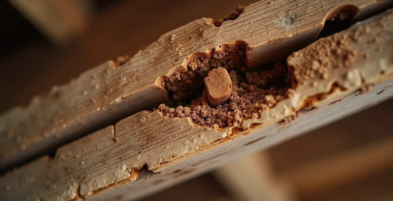 Viga de madera antigua con daños por termitas descubierta durante reforma