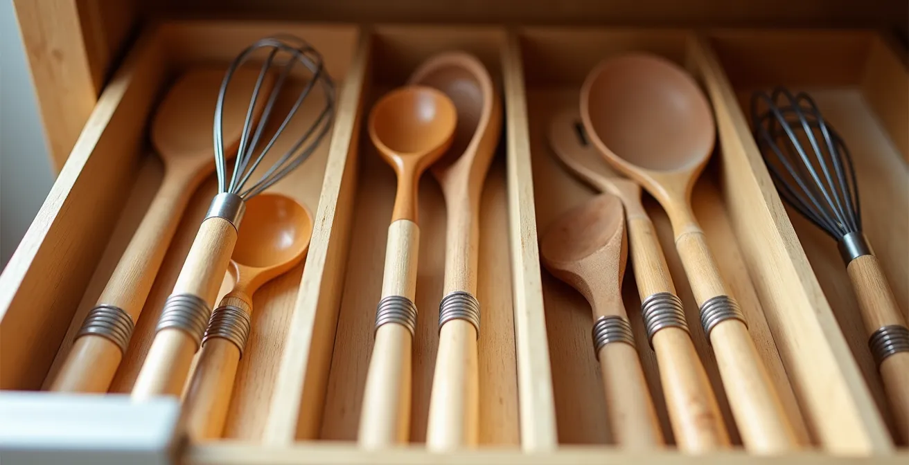 Divisores de bambú con muelles expandibles organizando utensilios de cocina en cajón