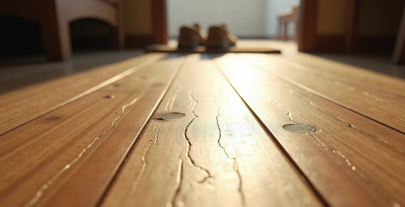 Primer plano de suelo laminado AC4 en entrada mostrando micro-arañazos bajo luz directa