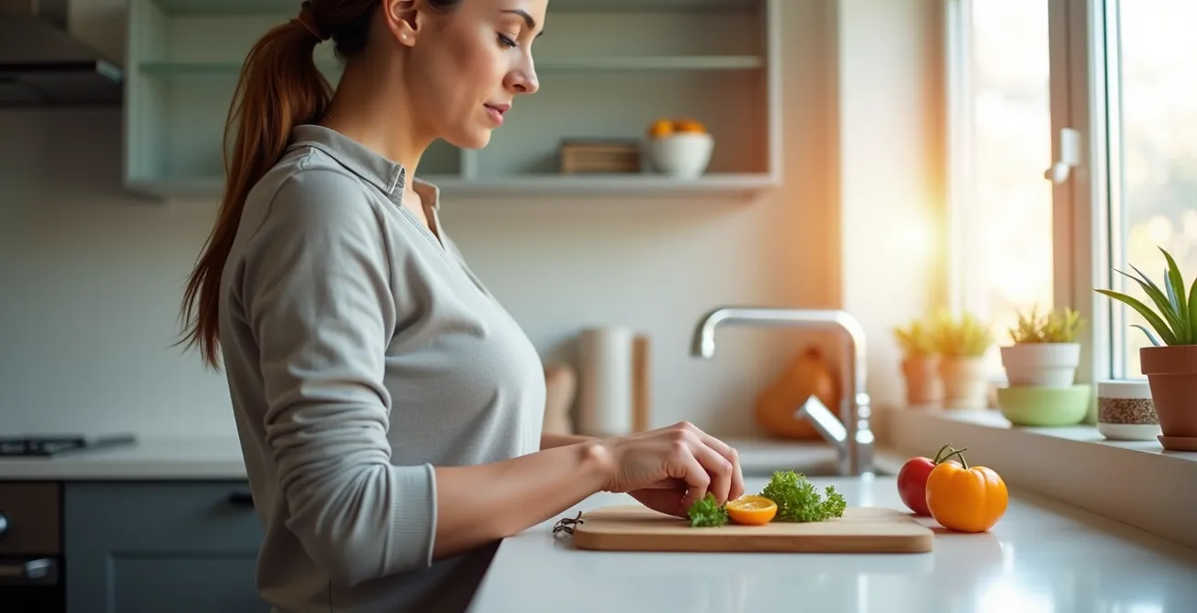 Persona cocinando con postura ergonómica correcta mostrando altura ideal de encimera
