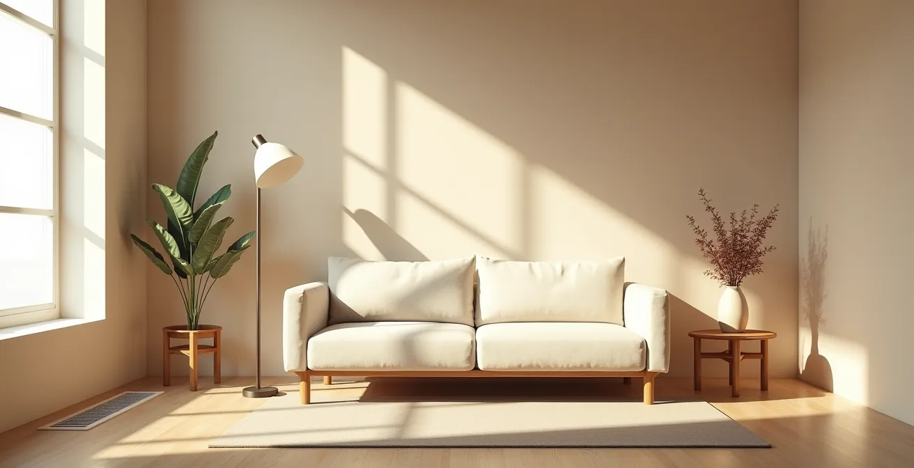 Salón minimalista con amplios espacios vacíos entre muebles creando armonía visual