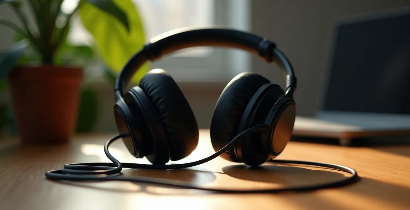 Auriculares profesionales sobre escritorio minimalista para trabajo concentrado