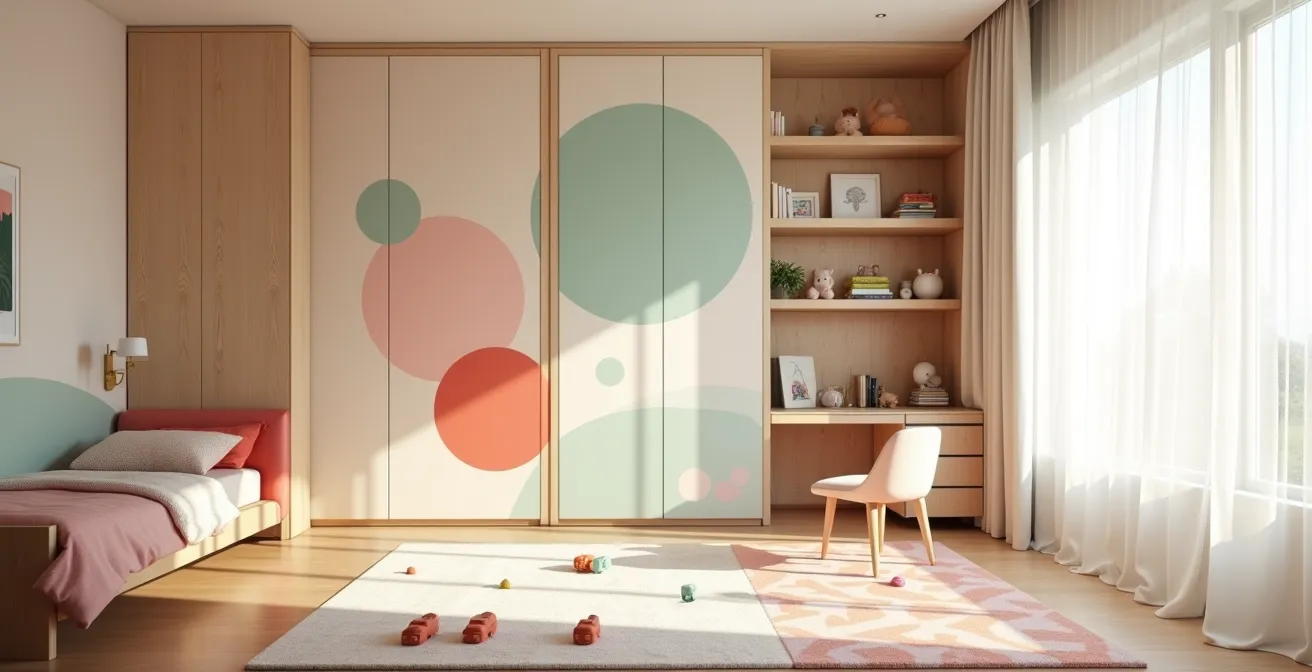 Habitación infantil con cama mural vertical plegada mostrando amplio espacio de juego