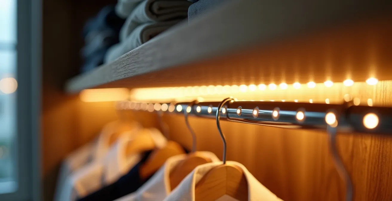 Detalle de instalación de tiras LED en estantes de vestidor con luz neutra
