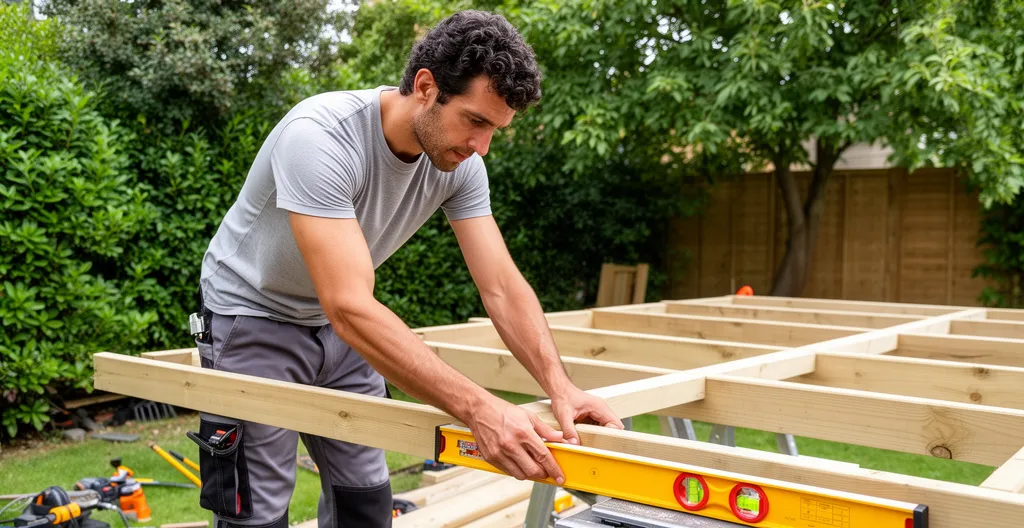 Instalador alineando vigas de pérgola solar con nivel en jardín