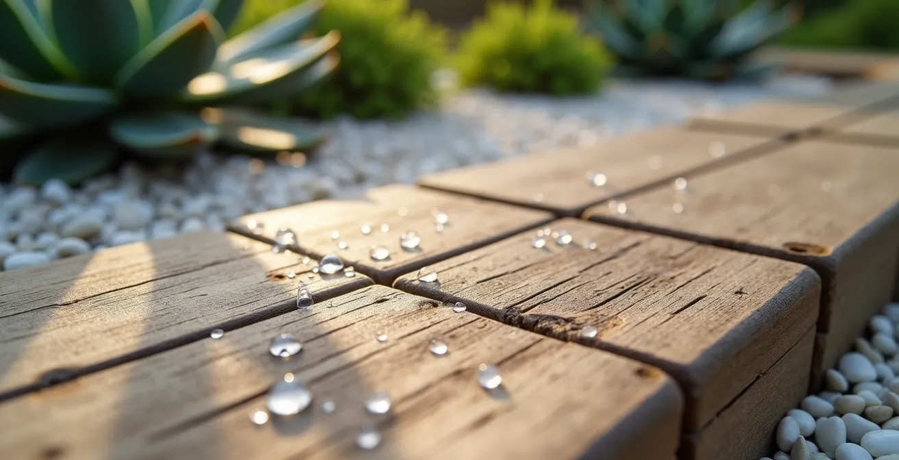 Jardín transformado con terraza de madera y plantas de bajo mantenimiento