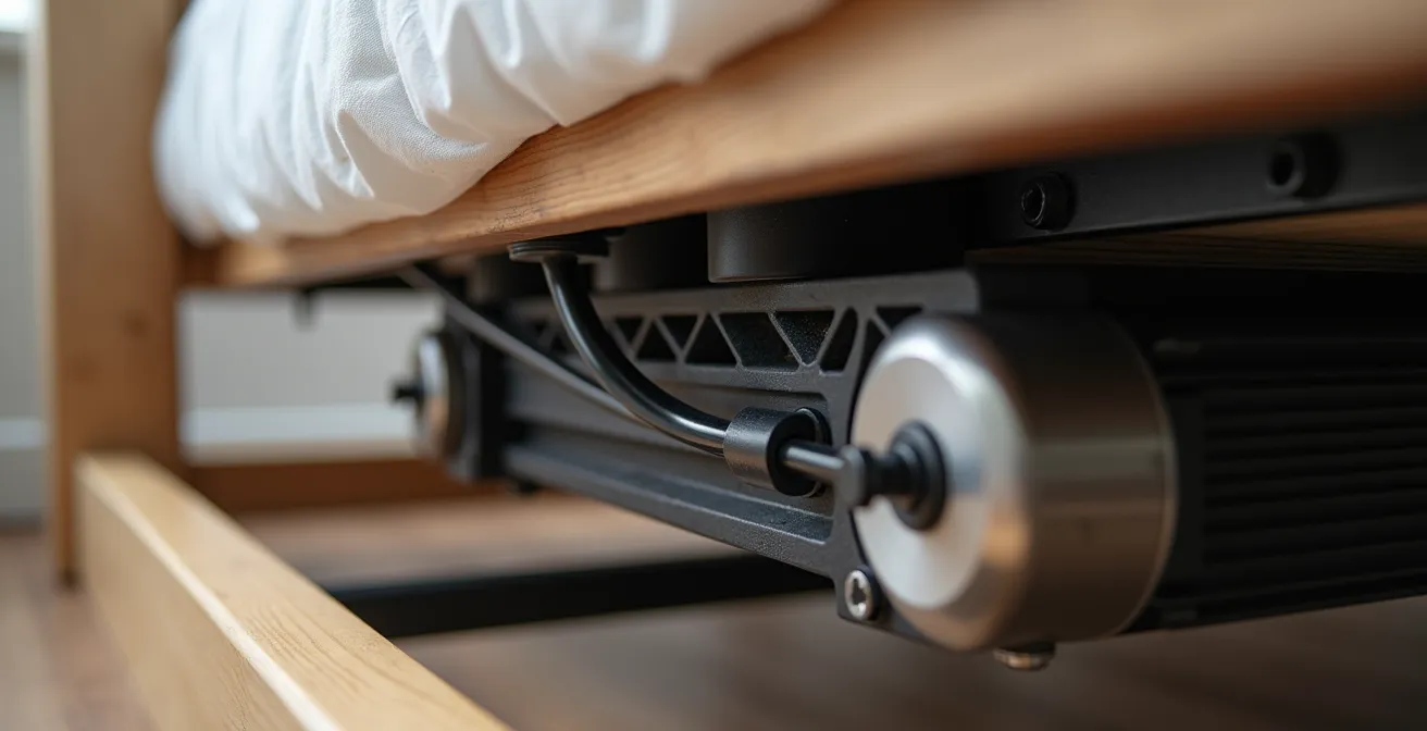 Detalle del sistema de apertura eléctrica de un canapé con motor y mando a distancia