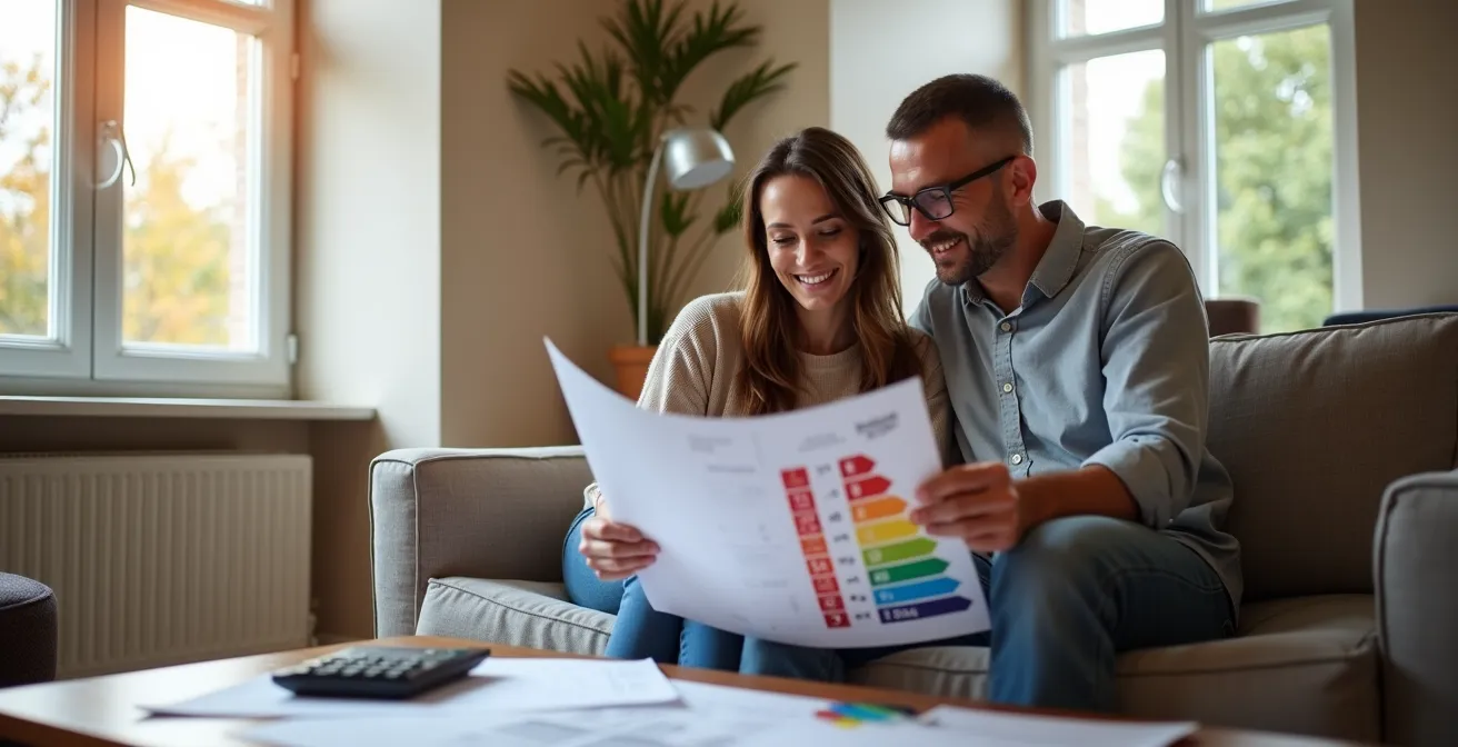 Comparación visual antes y después de mejoras energéticas en una vivienda mostrando ventanas, aislamiento y sistemas modernos