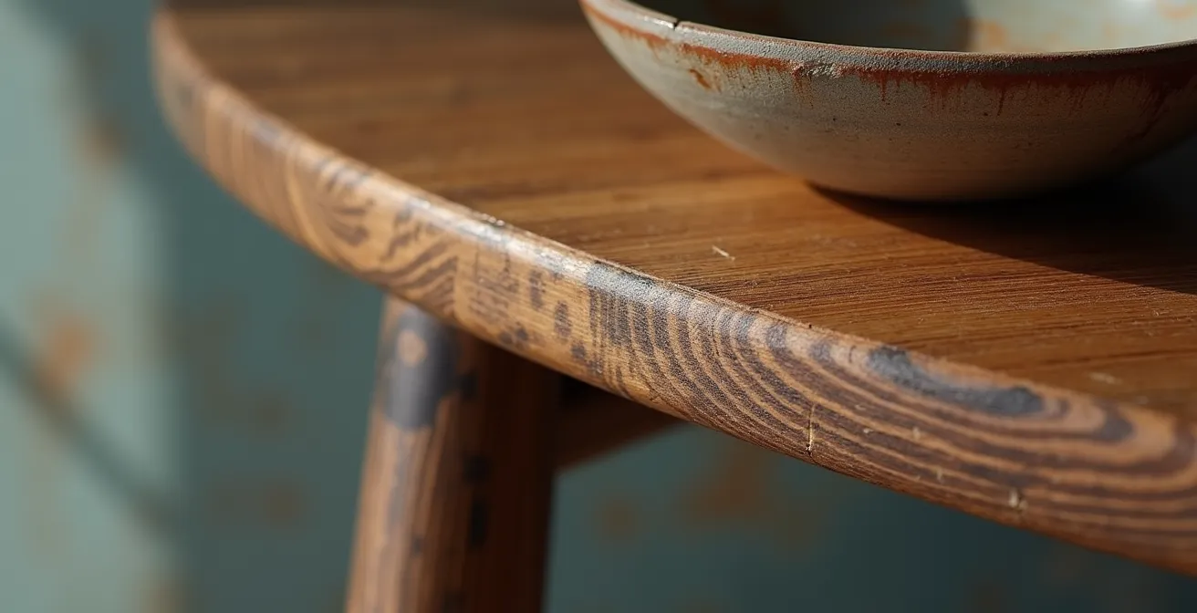 Mesa de madera heredada combinada armoniosamente con sillas contemporáneas