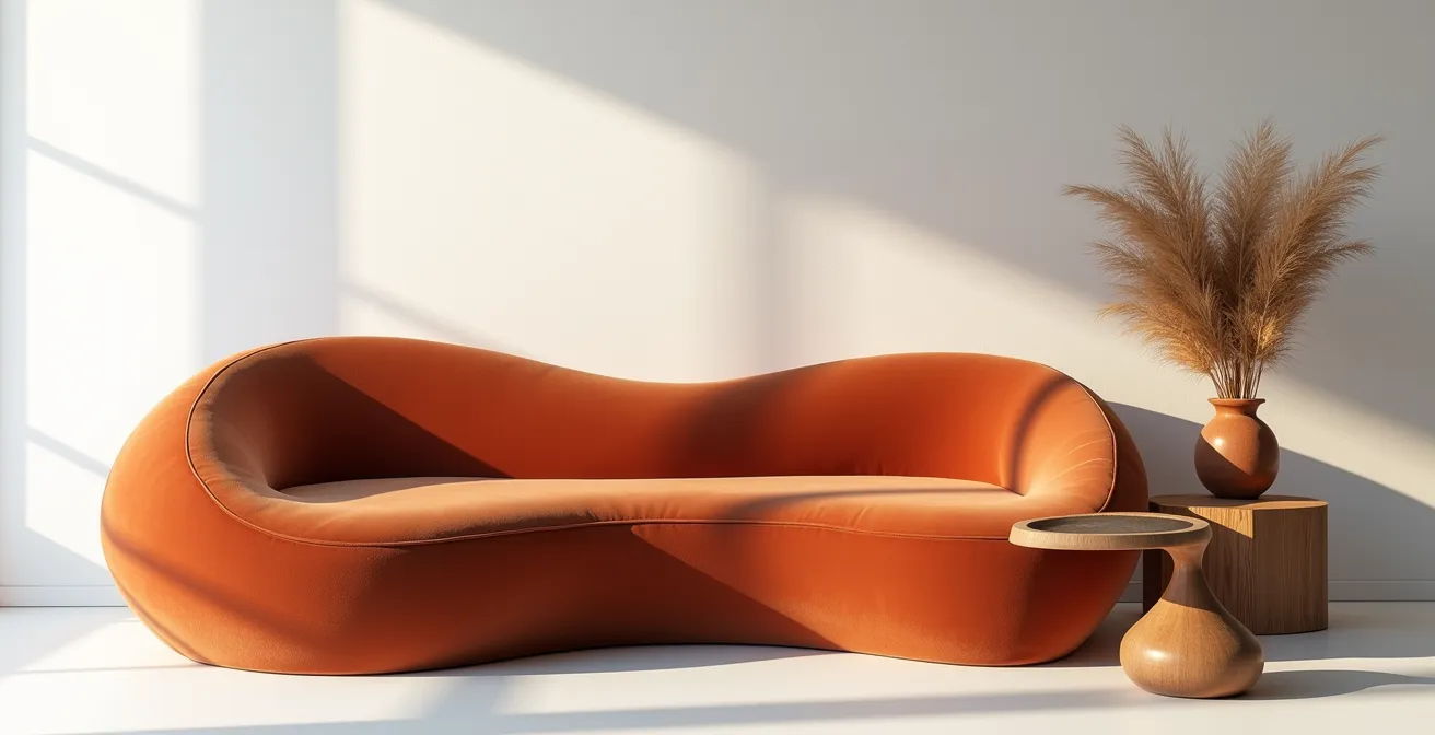 Sofá curvo color terracota con mesa auxiliar de formas orgánicas