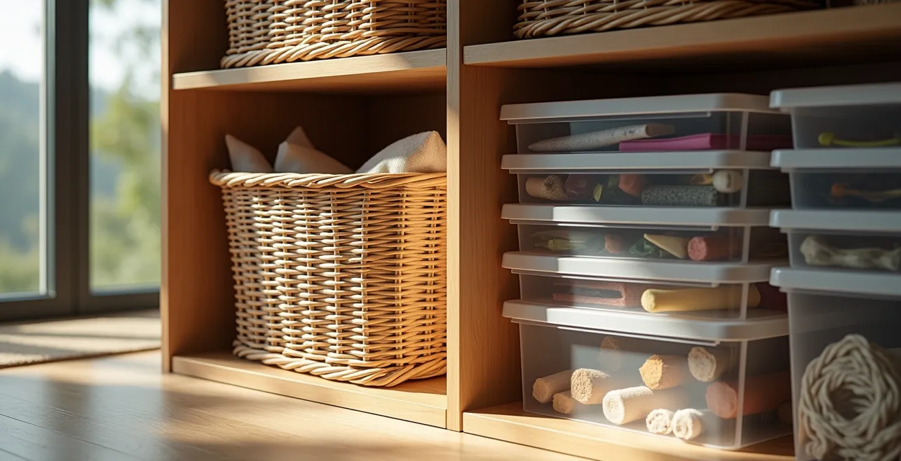 Estantería con combinación de cajas opacas y transparentes organizadas