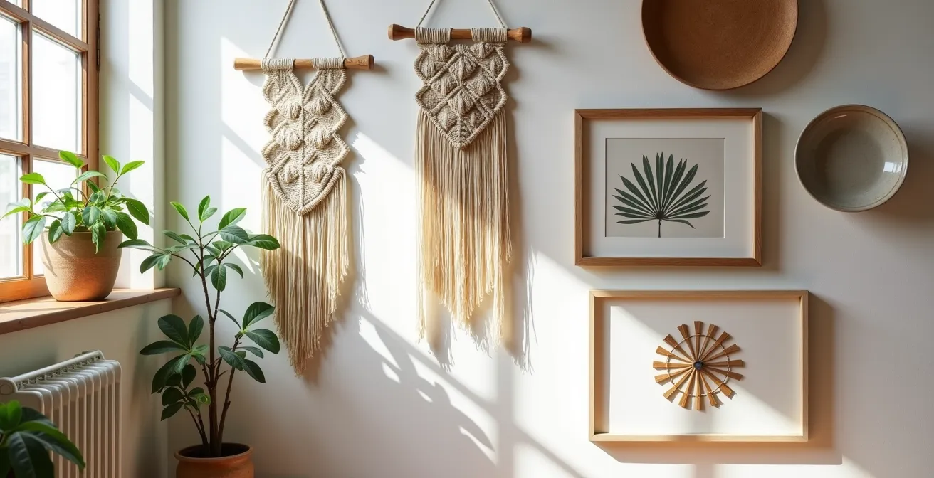 Composición de pared con arte textil, cerámica y objetos arquitectónicos vintage