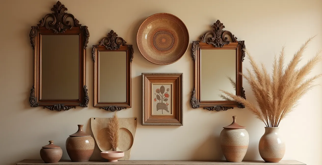 Pared de salón con composición artística asimétrica usando espejos vintage, cerámica y textiles enmarcados