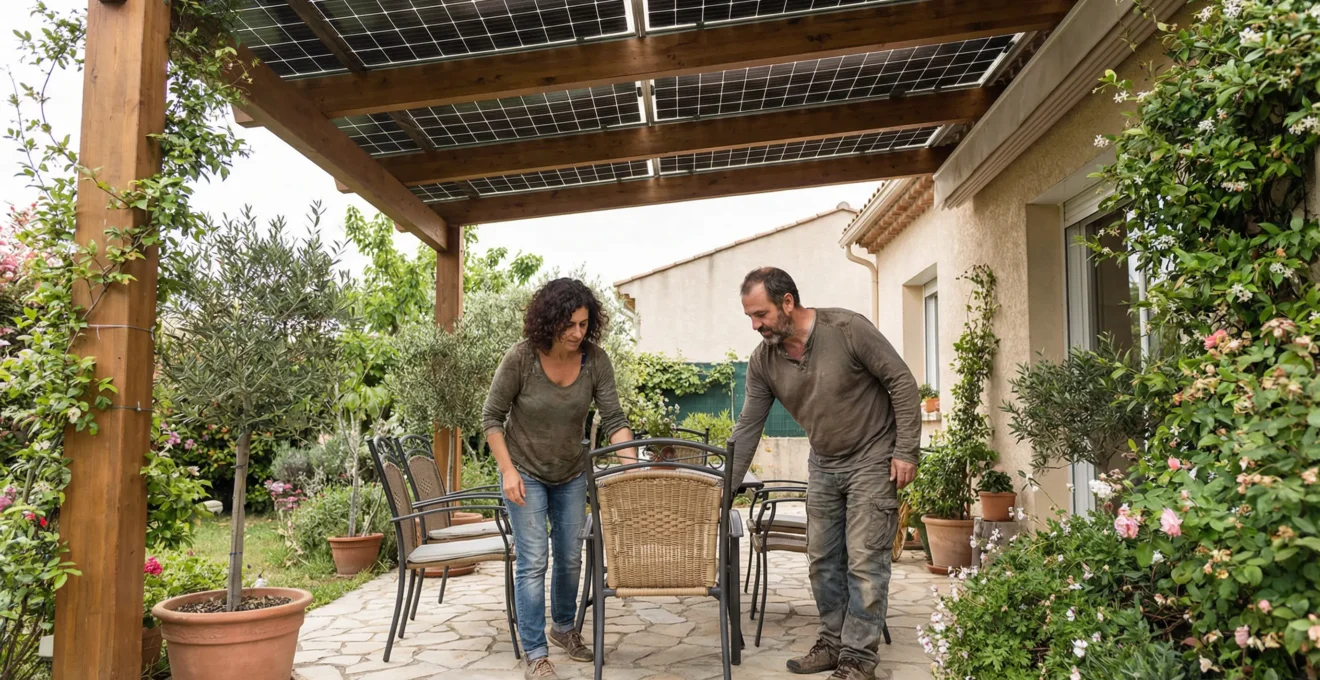 Pareja ajustando mobiliario bajo pérgola solar fotovoltaica en jardín residencial