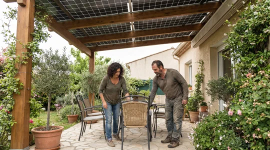 Pareja ajustando mobiliario bajo pérgola solar fotovoltaica en jardín residencial
