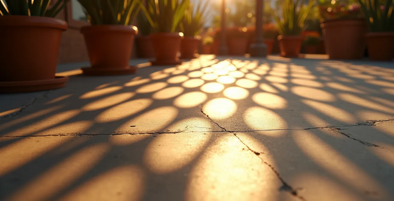Patrón geométrico de celosía proyectando sombras dinámicas sobre suelo de terraza al atardecer