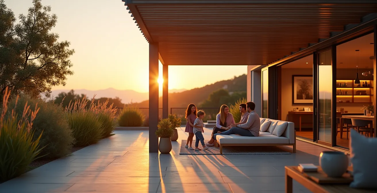 Pérgola bioclimática con lamas orientables sobre terraza continua con salón