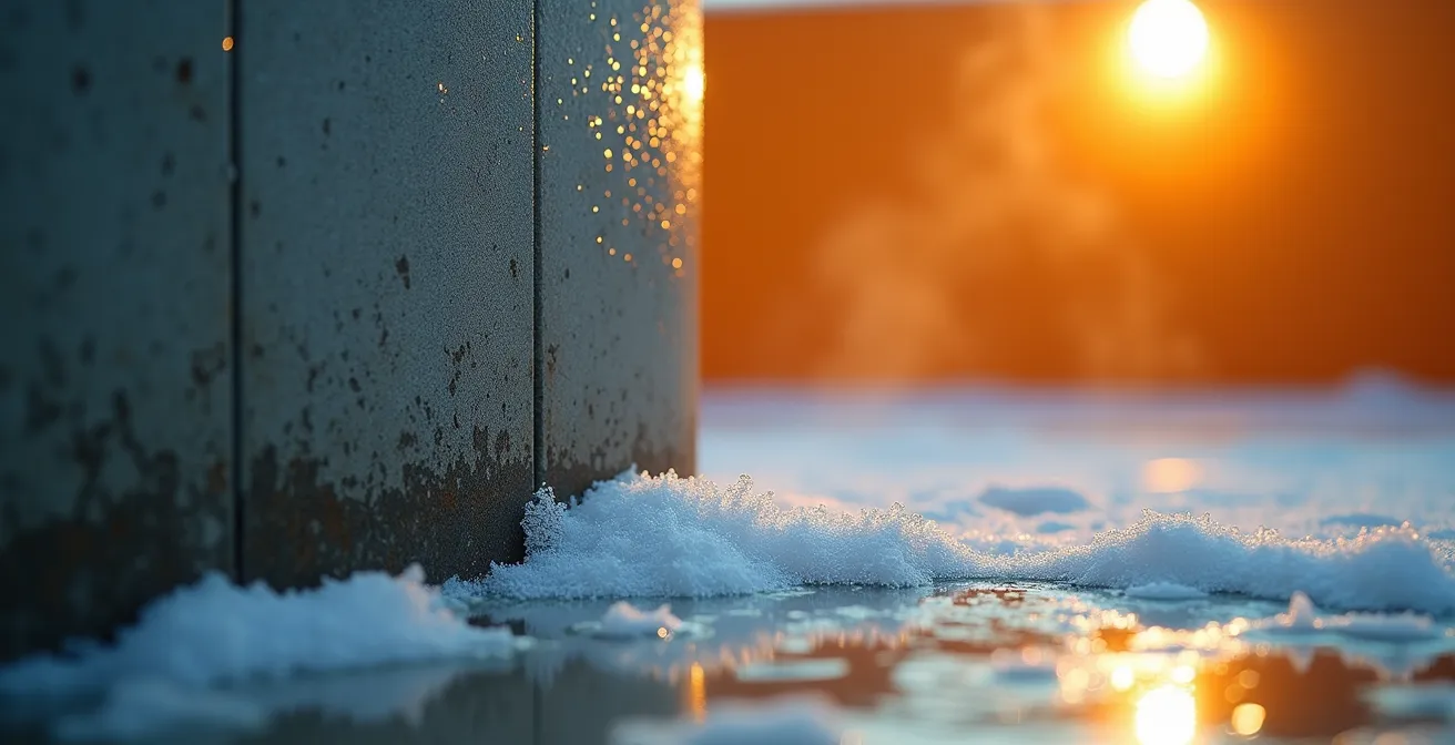 Imagen térmica mostrando un pilar de hormigón frío en contraste con una pared aislada cálida