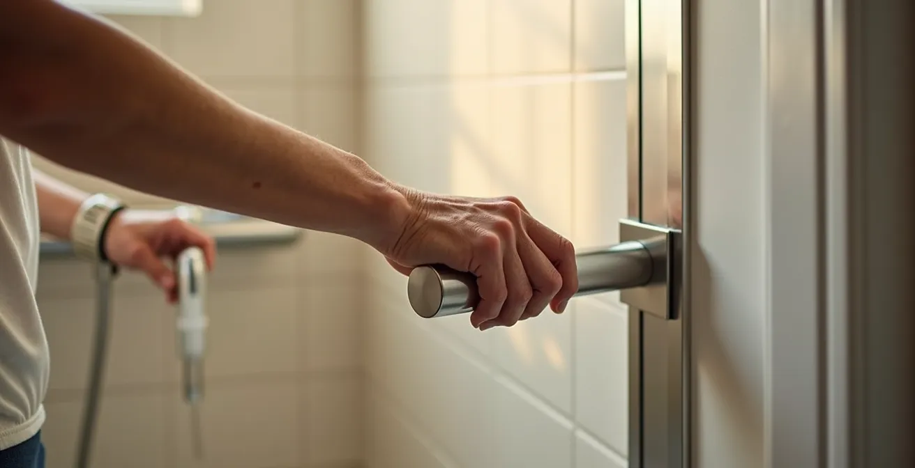 Baño accesible con plato de ducha a ras de suelo y elementos de seguridad