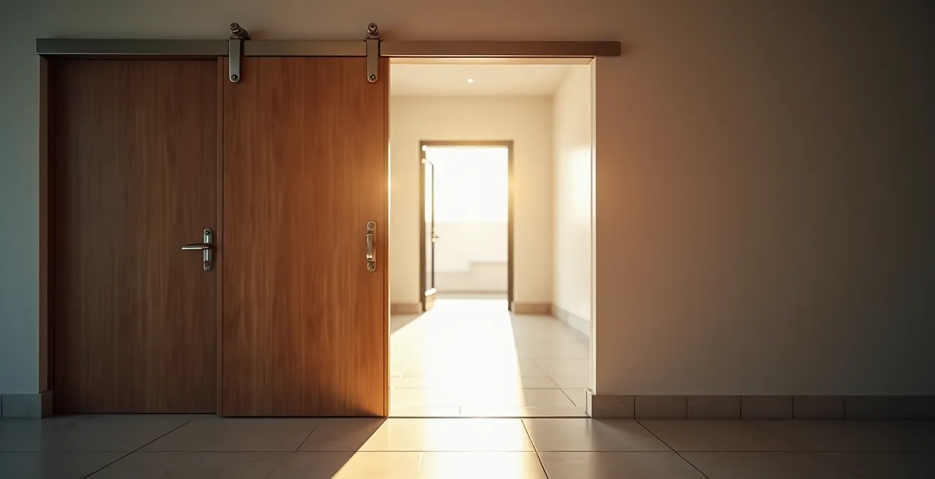 Vista lateral de puerta corredera empotrada en baño mostrando el mecanismo y espacio libre