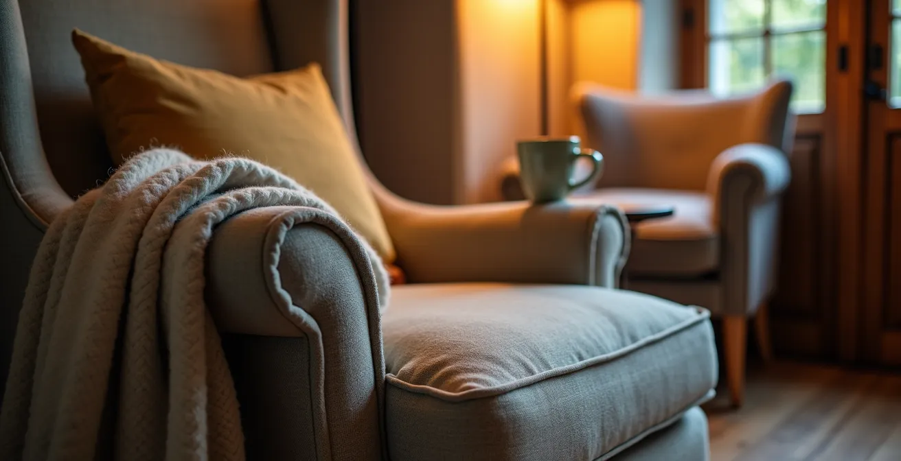 Rincón acogedor con sillón de respaldo alto orientado hacia la entrada, con manta suave y lámpara de lectura