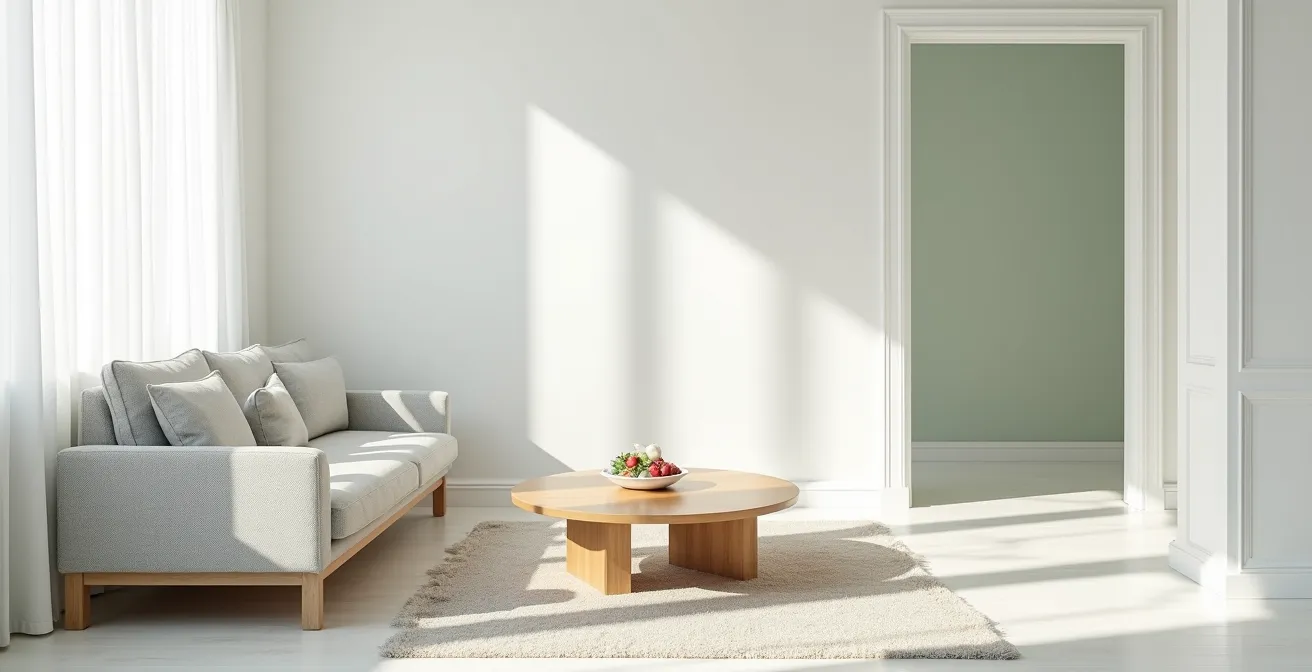 Salón amplio con paredes blancas y muebles neutros bañado en luz natural