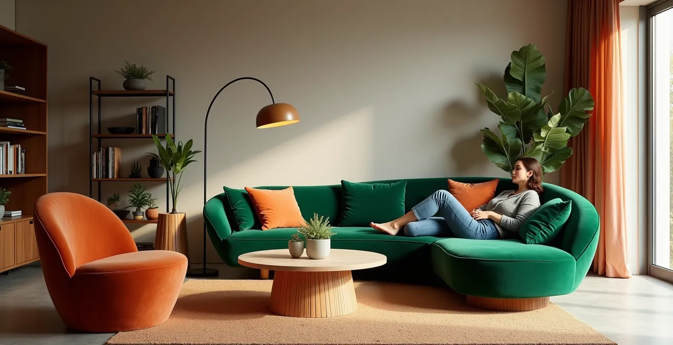 Salón contemporáneo con muebles de líneas curvas y colores atrevidos