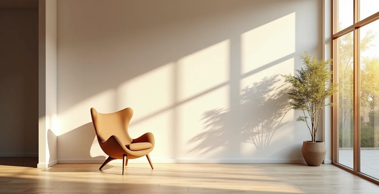 Salón minimalista con butaca colocada en ángulo de 45 grados respecto a ventana con luz lateral